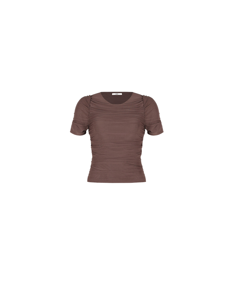 BOUNCE MESH T-SHIRT BROWN SUGAR | Form fitting mesh t-shirt with gathered side seams that creates ruching that gently accentuates the contours of your silhouette. Created in a generously stretchy fabric, this top is the perfect...
