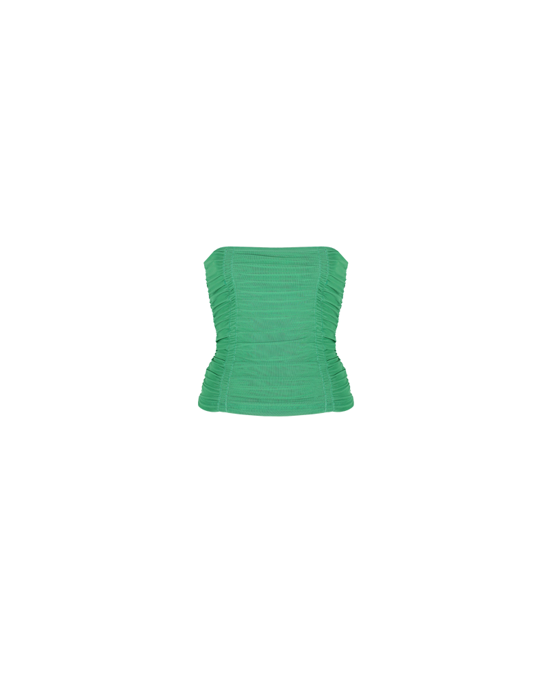 BOUNCE MESH TUBE TOP GREEN | Strapless mesh tube top with ruching down the middle, designed in a bold green shade. Worn on its own or as a layering piece, this elevated basic is timeless.
