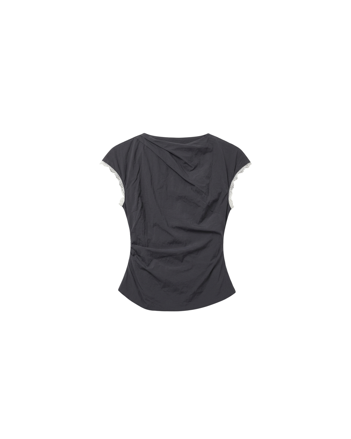 BOWIE TOP CHARCOAL | Short sleeve top crafted in a charcoal organic cotton, featuring a high neck collar, lace trim, and gathered detailing on the lower back and side seam, designed for better fit and movement. Perfect for any occasion, this versatile piece pairs...