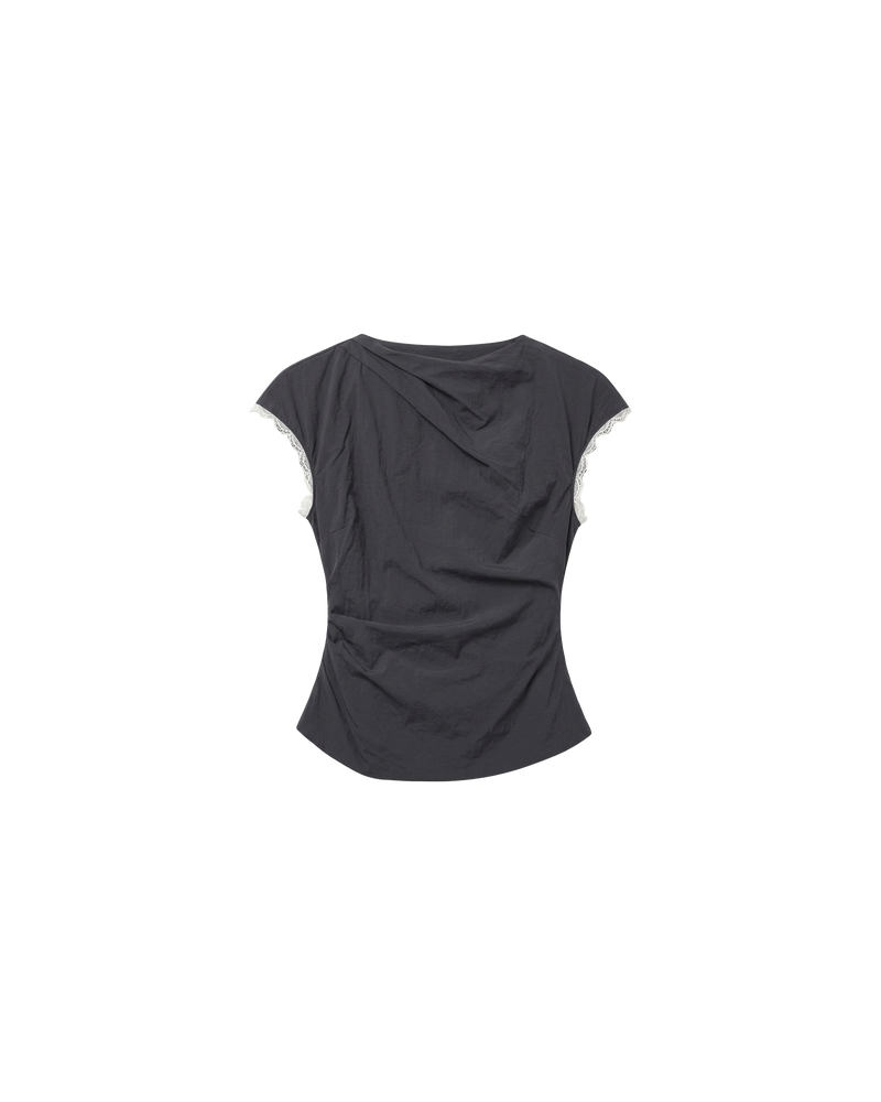BOWIE TOP CHARCOAL | Short sleeve top crafted in a charcoal organic cotton, featuring a high neck collar, lace trim, and gathered detailing on the lower back and side seam, designed for better fit and movement. Perfect for any occasion, this versatile piece pairs...