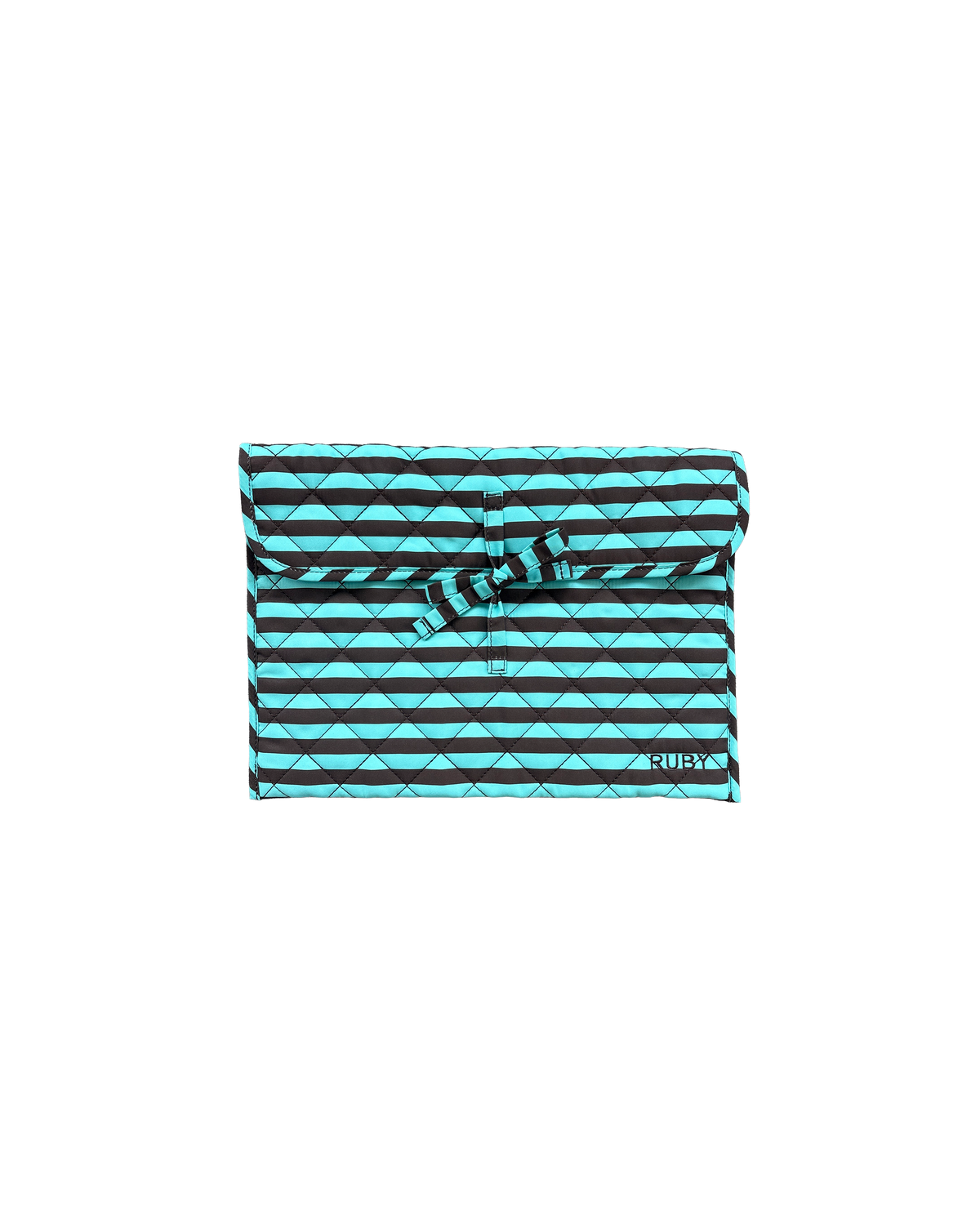 BOW TIE LAPTOP CASE 13" AQUA BROWN STRIPE | Our very own RUBY laptop case! This case is quilted and stuffed to provide your 13"/14" laptop or tablet with just enough padding for comfortable rides. Designed in our aqua brown stripe print.