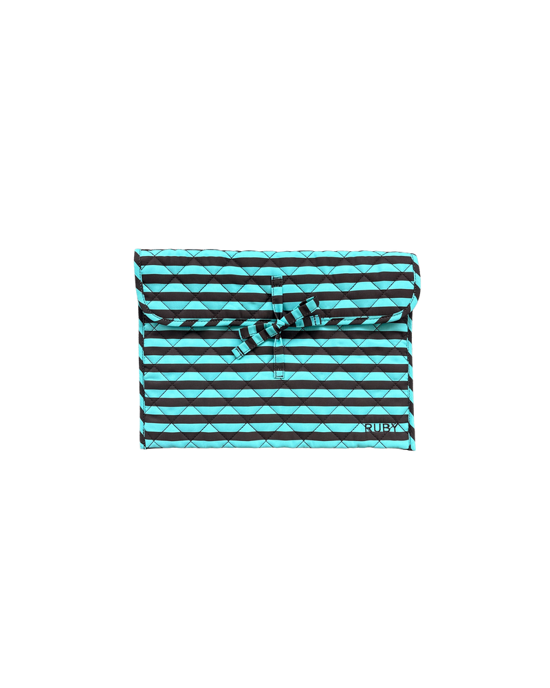 BOW TIE LAPTOP CASE 13" AQUA BROWN STRIPE | Our very own RUBY laptop case! This case is quilted and stuffed to provide your 13"/14" laptop or tablet with just enough padding for comfortable rides. Designed in our aqua brown stripe print.