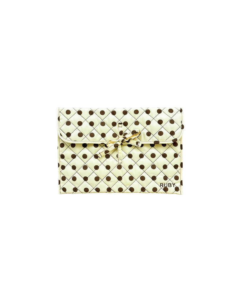 BOW TIE LAPTOP CASE 13" BUTTER POLKA DOT | Our very own RUBY laptop case! This case is quilted and stuffed to provide your 13"/14" laptop or tablet with just enough padding for comfortable rides. Designed in our butter polka dot colourway.