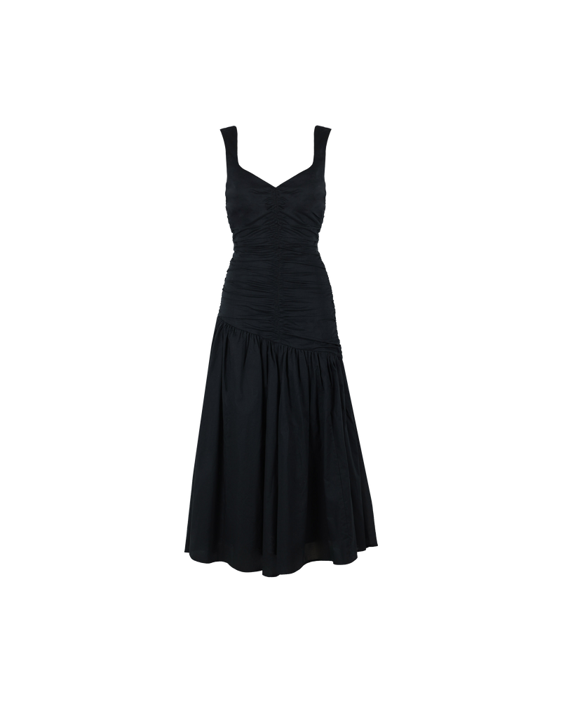 BRANDI DRESS BLACK | Cotton maxi dress with sweetheart neckline, asymmetrical back detail and ruched bodice that flares below the hips to a gathered skirt. The intricacy of the ruching combined with the dramatic...