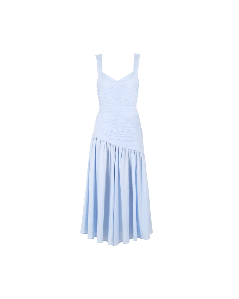 BRANDI DRESS BLUE | Cotton maxi dress with a sweetheart neckline, asymmetrical back detail and ruched bodice that flares below the hips to a gathered skirt. The intricacy of the ruching combined with the...