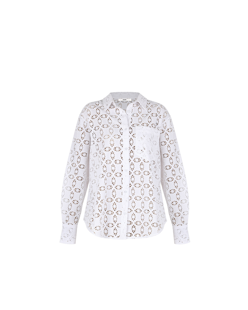 PARFAIT SHIRT WHITE | Broderie lace overshirt that offers a longer length and front pocket. This shirt is the perfect summer layering piece you'll reach for again and again.