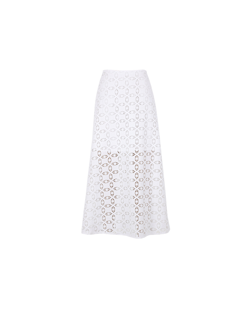 PARFAIT SKIRT WHITE | Broderie lace midi skirt with a slight A-line shape. This skirt features a detachable lining so you can choose to wear it as sheer or as covered as you like.