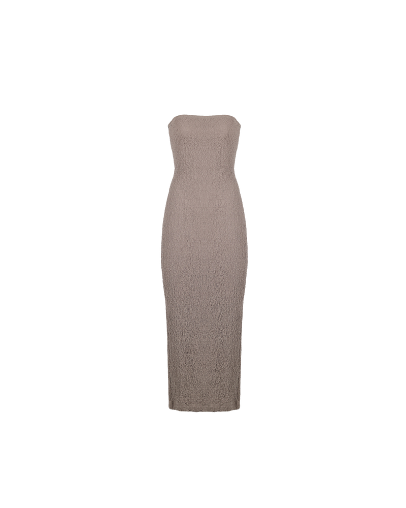 BUBBLE DRESS TAUPE | Fitted strapless midi dress with a split at the back allowing for ease of movement. Woven into a tactile story as reflected in its name, the textured element adds a...