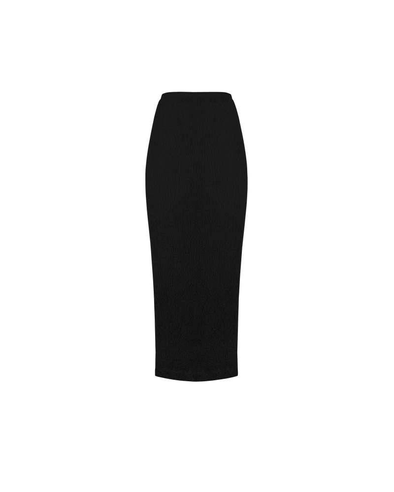 BUBBLE SKIRT BLACK | Fitted midi skirt with a split at the back allowing for ease of movement. Woven into a tactile story as reflected in its name, the textured element adds a point...