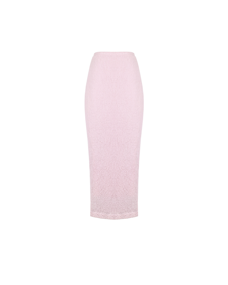 BUBBLE SKIRT PINK | Fitted midi skirt with a split at the back allowing for ease of movement. Woven into a tactile story as reflected in its name, the textured element adds a point...