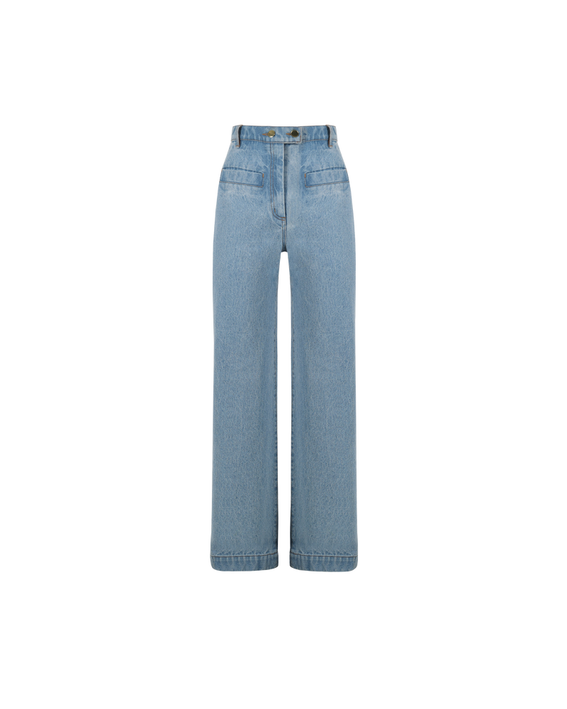 SUZIE JEAN LIGHT BLUE | Fitted highwaist jean with a double button closure detail and slightly flared leg in a light blue denim. Small features such as an asymmetrical seam across the back and wide...