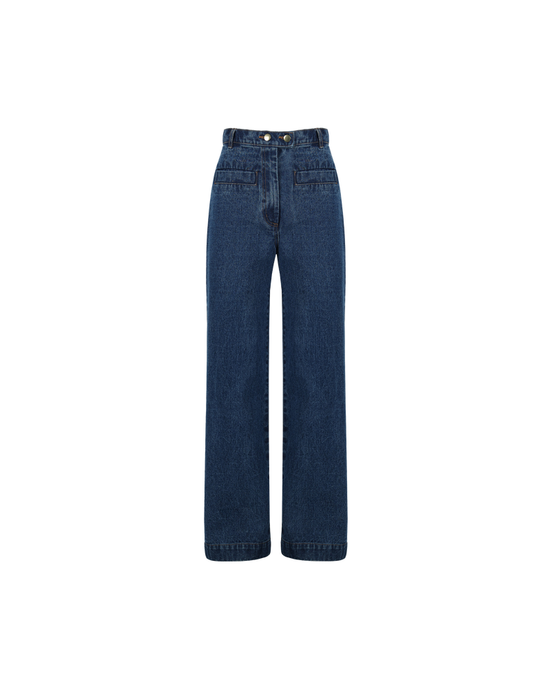 SUZIE JEAN INDIGO | Fitted highwaist jean with a double button closure detail and slightly flared leg in a dark indigo denim. Small features such as an asymmetrical seam across the back and wide...