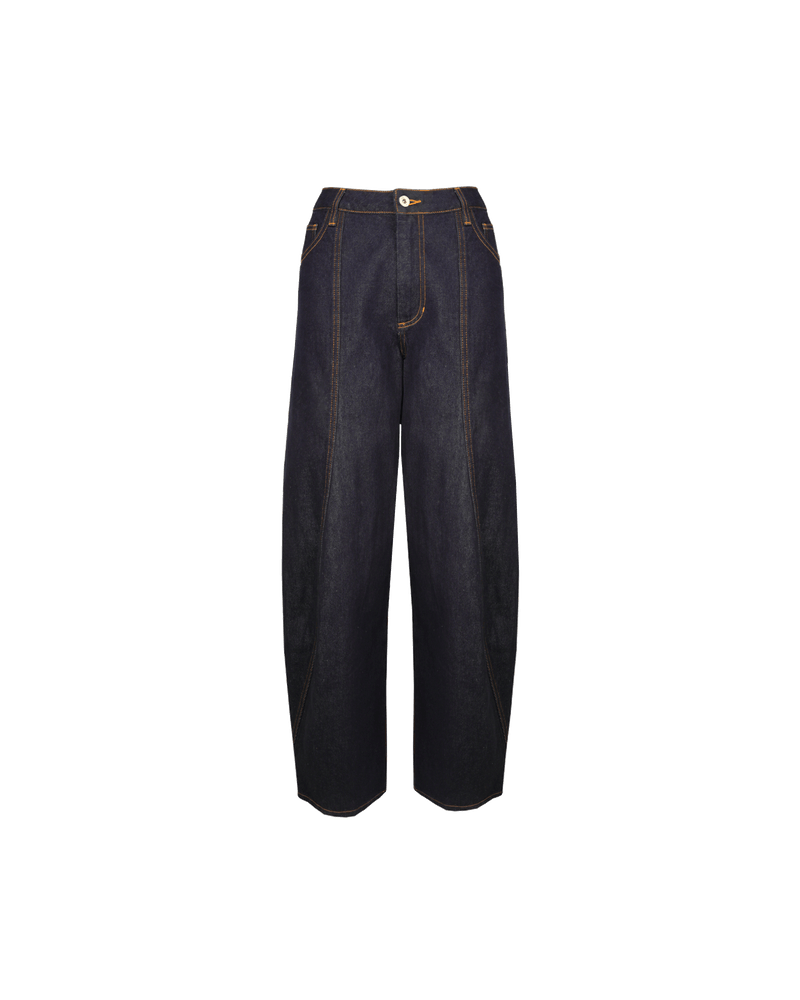 BUZZ JEAN UNWASHED | Barrel-leg jean designed in a raw wash denim. Sits mid-waisted and features panel detailing down the front that wraps to the side seam.
