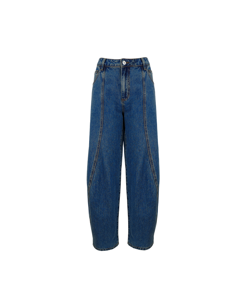 BUZZ JEAN INDIGO | Barrel-leg jean designed in an indigo wash denim. Sits mid-waisted and features panel detailing down the front that wraps to the side seam.
