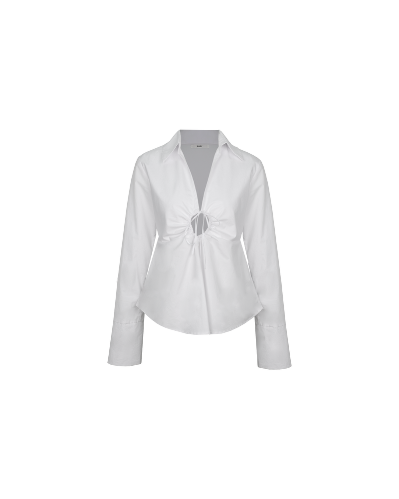 CALVIN TIE SHIRT WHITE | Cotton shirt with a feature drawstring keyhole at the bust, creating gathers fanning out across the shirt. The shirt has full length sleeves with a slight flared silhouette, created by splits...
