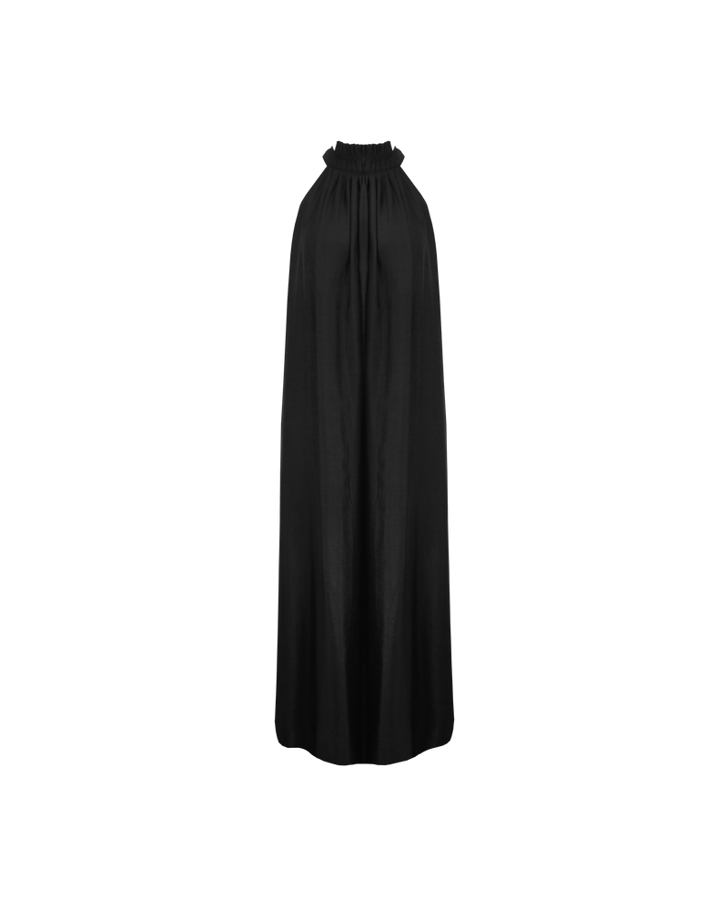 CAROL GOWN BLACK | Sleeveless maxi length gown with pleated high neck and self-covered button closure at neck. This piece falls effortlessly over the figure.