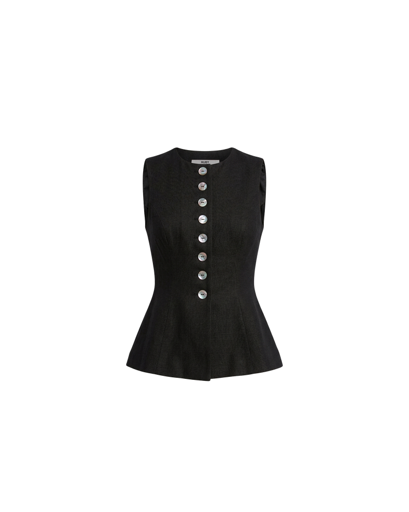 CAROLYN VEST BLACK | The Carolyn Vest is perfect for warmer months and layering, designed in a mid-weight black suiting fabric. With tailored shaping on the waist and a built-in waist tie, pair with your favourite shorts or our Carolyn Pant for an effortlessly...