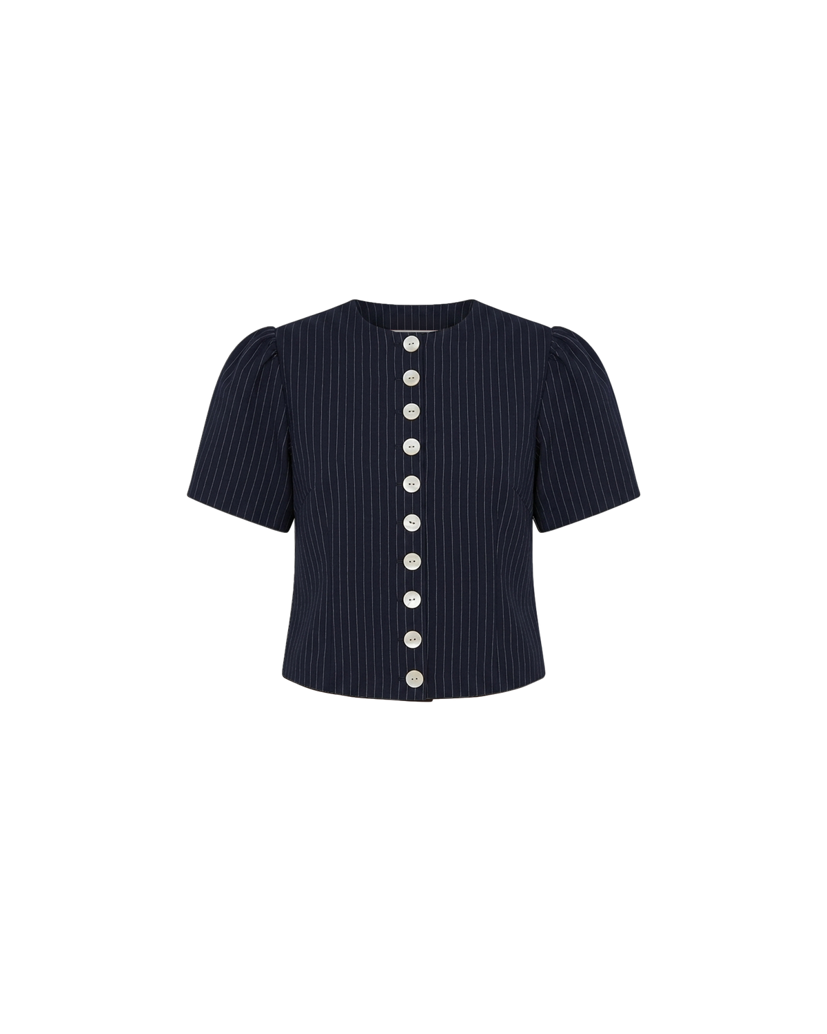 CAROLYN SHORT SLEEVE BLAZER NAVY PINSTRIPE | Collarless short sleeve espresso blazer with feature pearlescent buttons. An elevated classic with a structured silhouette, this top is the perfect addition to your everyday workwear rotation. Pair with the Carolyn Pant for a full suiting moment. 