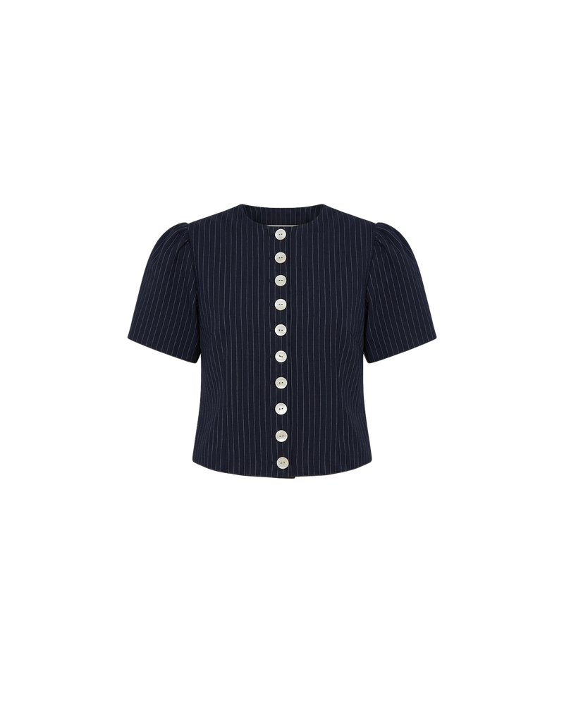 CAROLYN SHORT SLEEVE BLAZER NAVY PINSTRIPE | Collarless short sleeve espresso blazer with feature pearlescent buttons. An elevated classic with a structured silhouette, this top is the perfect addition to your everyday workwear rotation. Pair with the Carolyn Pant for a full suiting moment. 