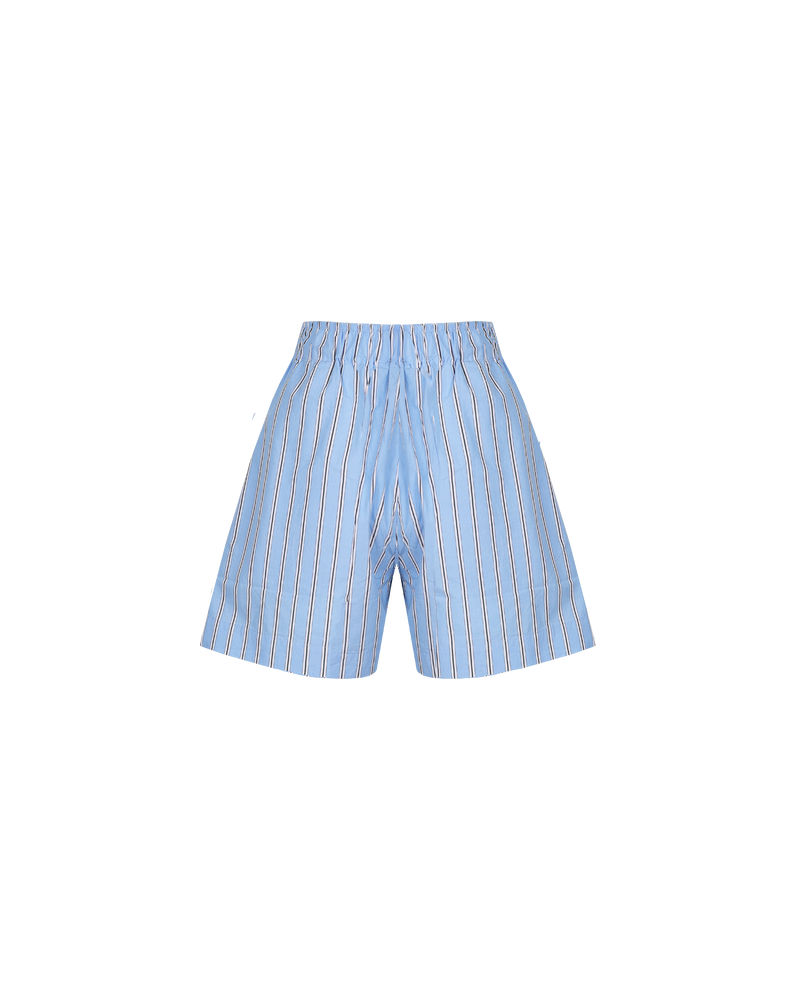 CASH SHORT BLUE STRIPE | High waisted boxer style short designed in a blue striped cotton. Features pockets to house your essentials and a white contrast waistband when folded over. Pair with the Cash Shirt for the ultimate...