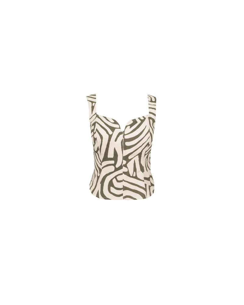 CECE BODICE MAZE | Sleeveless bodice-style top designed in a khaki and cream maze print on a mid-weight cotton drill fabric. Features a sweetheart neckline and paneling down the body that gives this top...