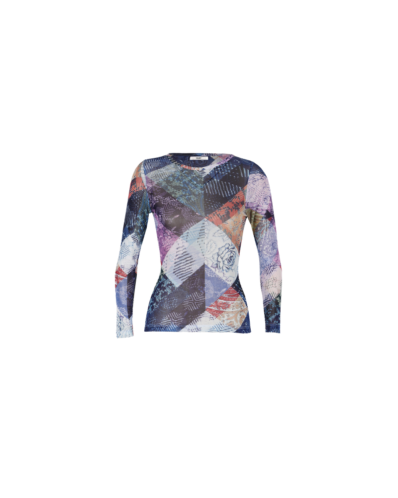 CHAPELLE MESH TOP PATCHWORK | Form fitting stretchy mesh longsleeve designed in our RUBY patchwork print. This top is sheer, making it the perfect playful layering piece.