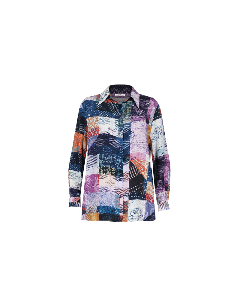 CHAPELLE SILK SHIRT PATCHWORK | Relaxed fit shirt with long sleeves designed in our RUBY patchwork print. A classic button-down design, wear this shirt on its own or as a layering piece.