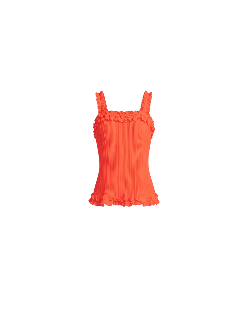 CHELSEA CRINKLE CAMI VERMILLION | A new arrival to our Chelsea Crinkle story, this vermillion recycled chiffon cami features ruffles along all the seams. This top is the perfect statement piece for any occasion: layered with a singlet for the office, or showing off your Liam...