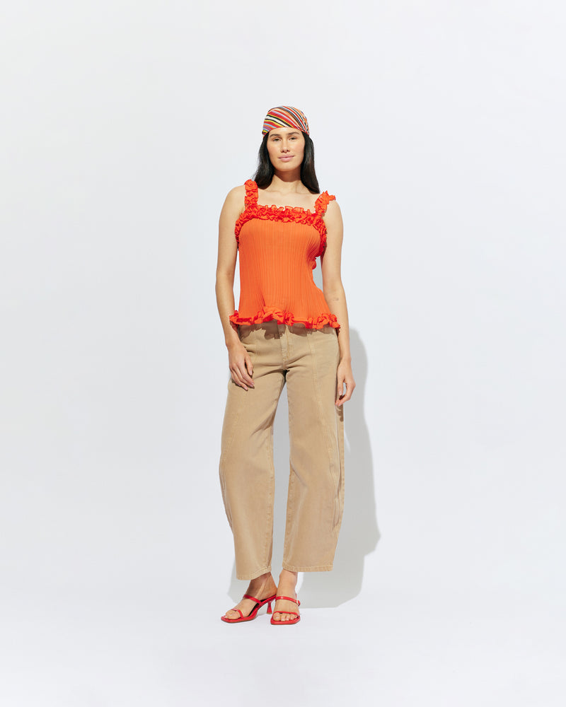 CHELSEA CRINKLE CAMI VERMILLION | A new arrival to our Chelsea Crinkle story, this vermillion recycled chiffon cami features ruffles along all the seams. This top is the perfect statement piece for any occasion: layered with a singlet for the office, or showing off your Liam...