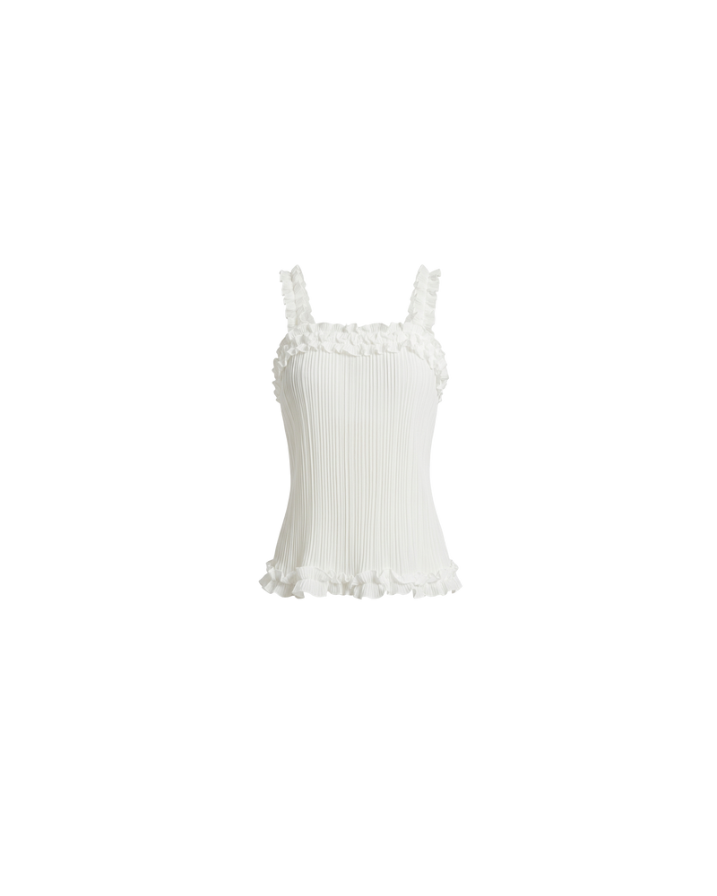 CHELSEA CRINKLE CAMI WHITE | A new arrival to our Chelsea Crinkle story, this white recycled chiffon cami features ruffles along all the seams. This top is the perfect statement piece for any occasion: layered with a singlet for the office, or showing off your...