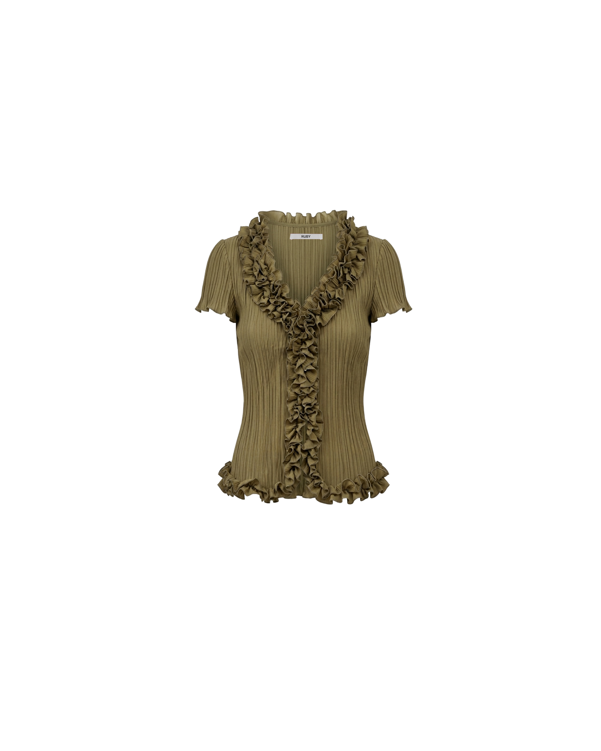 CHELSEA SHORT SLEEVE CRINKLE TOP OLIVE | Olive green recycled chiffon crinkle top with feature ruffles along the collar which cascade down the front. This top is the perfect statement piece for any occasion, from office-wear to a night out. Pair it with your favourite skirt or dress...