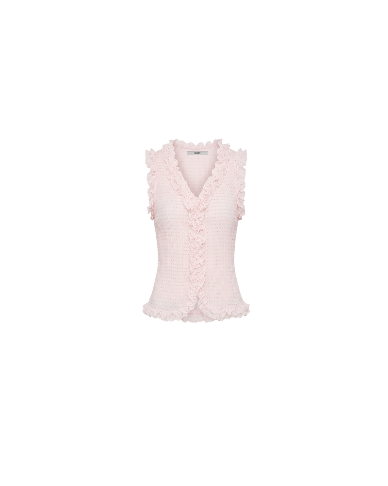 CHELSEA CRINKLE TANK POLKA DOT | An update on our Chelsea Crinkle Top, this pink polka dot recycled chiffon tank features ruffles along all the seams. This top is the perfect statement piece for any occasion, from office-wear to a night out. Pair it with your...