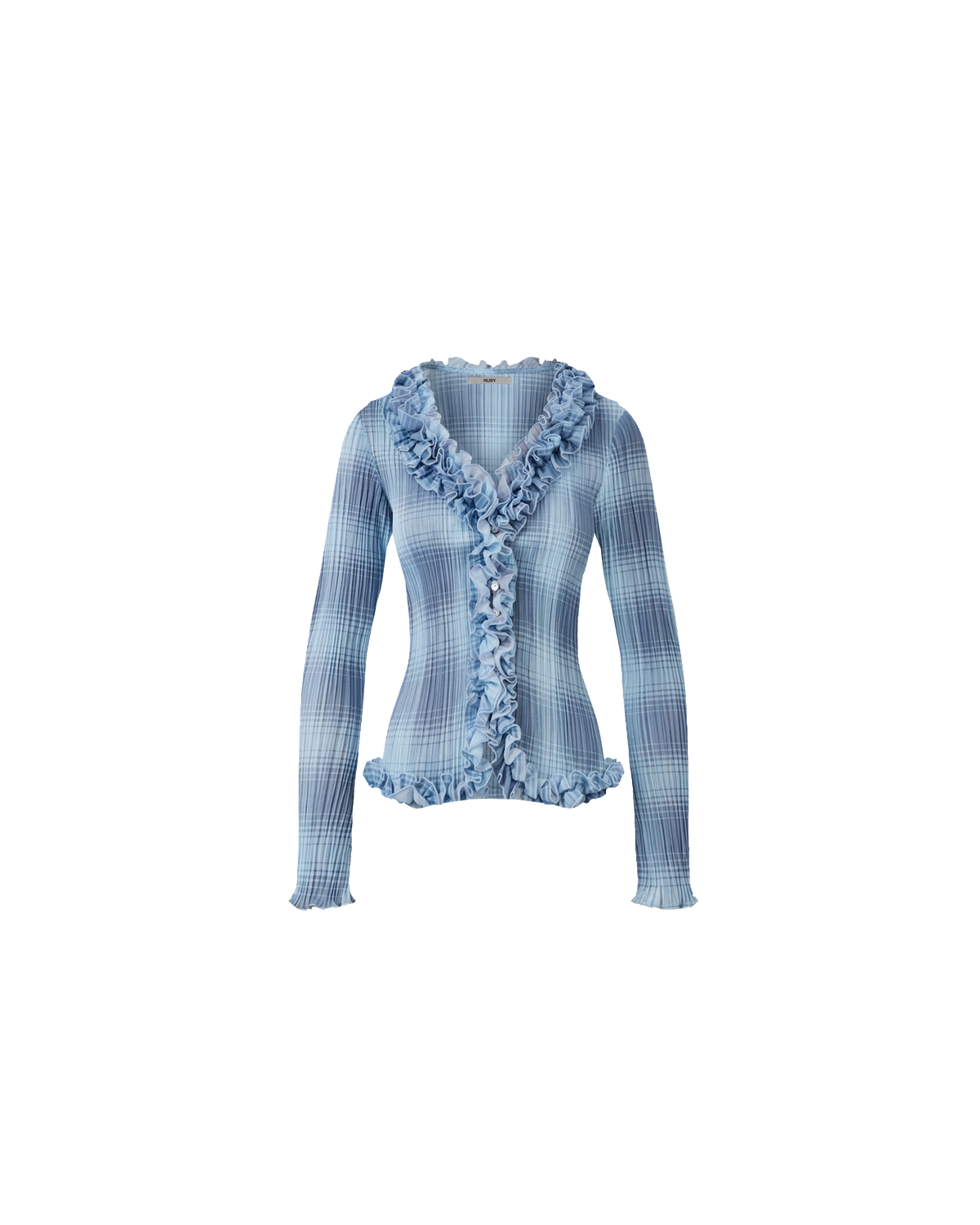 CHELSEA CRINKLE TOP BLUE TARTAN | Black recycled chiffon crinkle top with feature ruffles along the collar which cascade down the front. This top is the perfect statement piece for any occasion, from office-wear to a night out. Pair it with your favourite skirt or dress it...