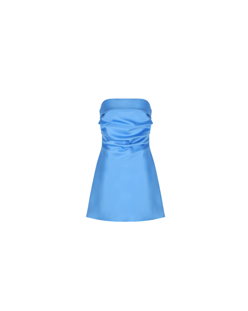 CHER SATIN MINIDRESS AZURE | This minidress has a fitted bodice, with tucks crossing the bust, falling to mid-thigh. Cut in a sheeny azure blue satin, enter the Cher Minidress.