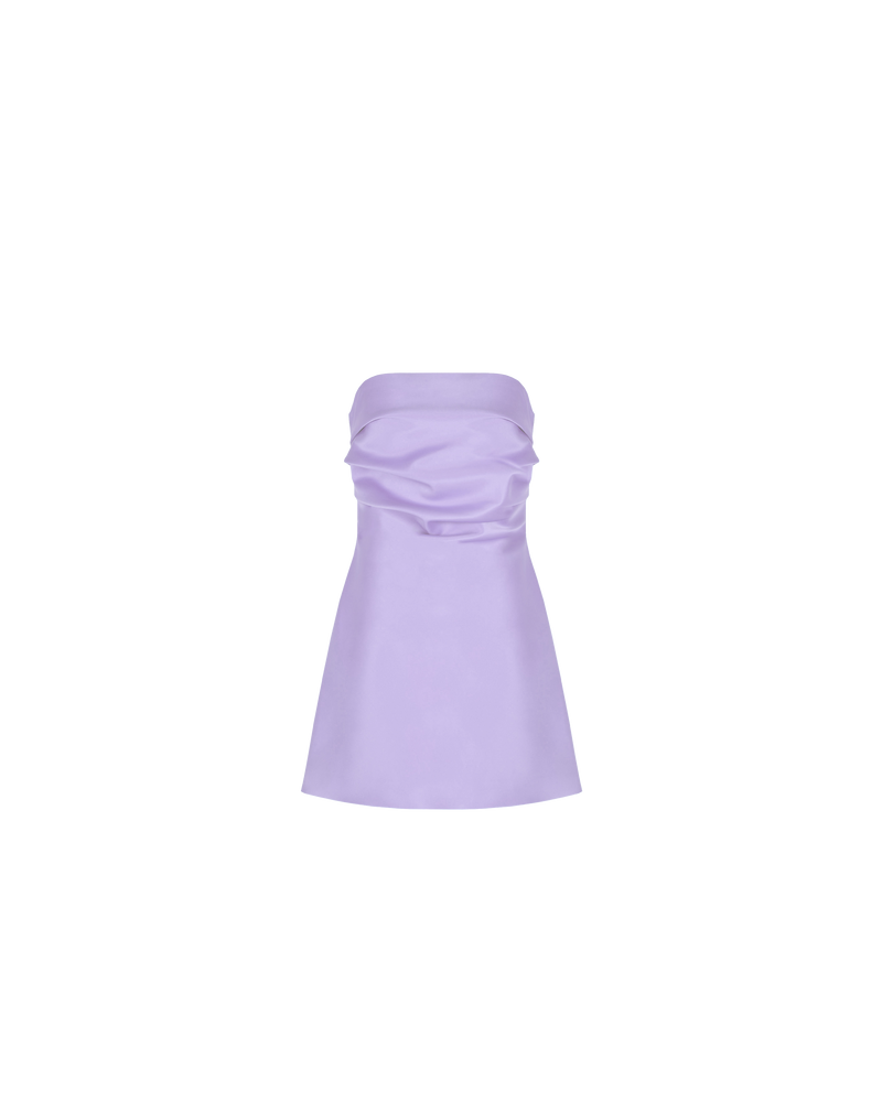 CHER SATIN MINIDRESS  LILAC | This mini dress has a fitted bodice, with tucks crossing the bust, falling to mid-thigh. Cut in a sheeny lilac satin, enter the Cher Minidress.