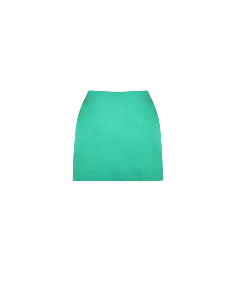 CHER SATIN MINI SKIRT PARAKEET | Highwaisted satin mini skirt, in a vibrant parakeet coloured satin. Calling to mind the miniskirts of the 90's, this piece was inspired by Cher from 'Clueless'.