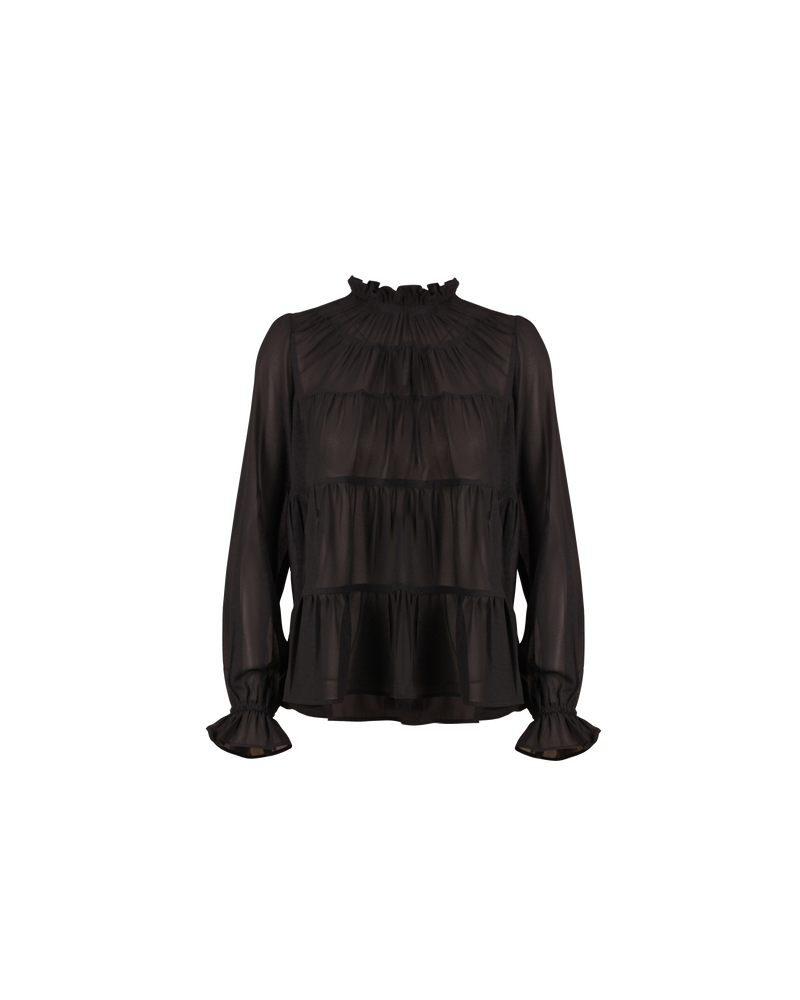 CLEMENT BLOUSE BLACK | Longsleeve sheer blouse with tiered details down the body. This piece has a high ruffle neckline and blouson sleeves with elasticated ruffle cuffs.