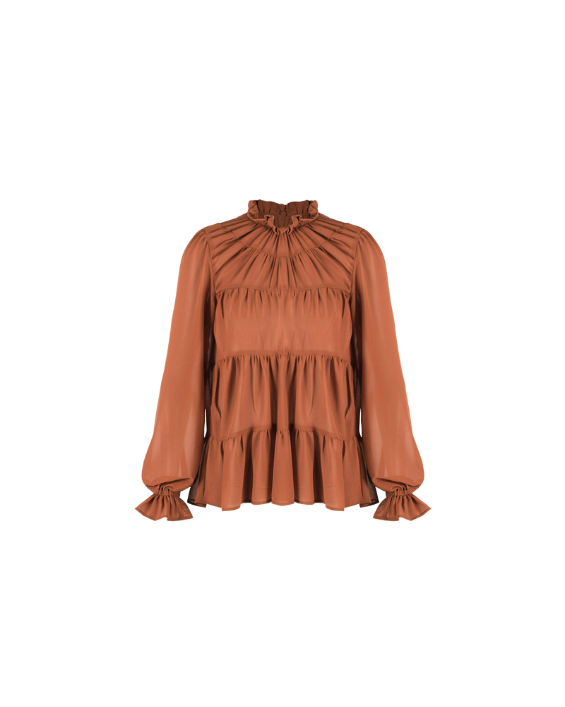 CLEMENT BLOUSE TOFFEE | Longsleeve sheer blouse with tiered details down the body. This piece has a high ruffle neckline and blouson sleeves with elasticated ruffle cuffs.