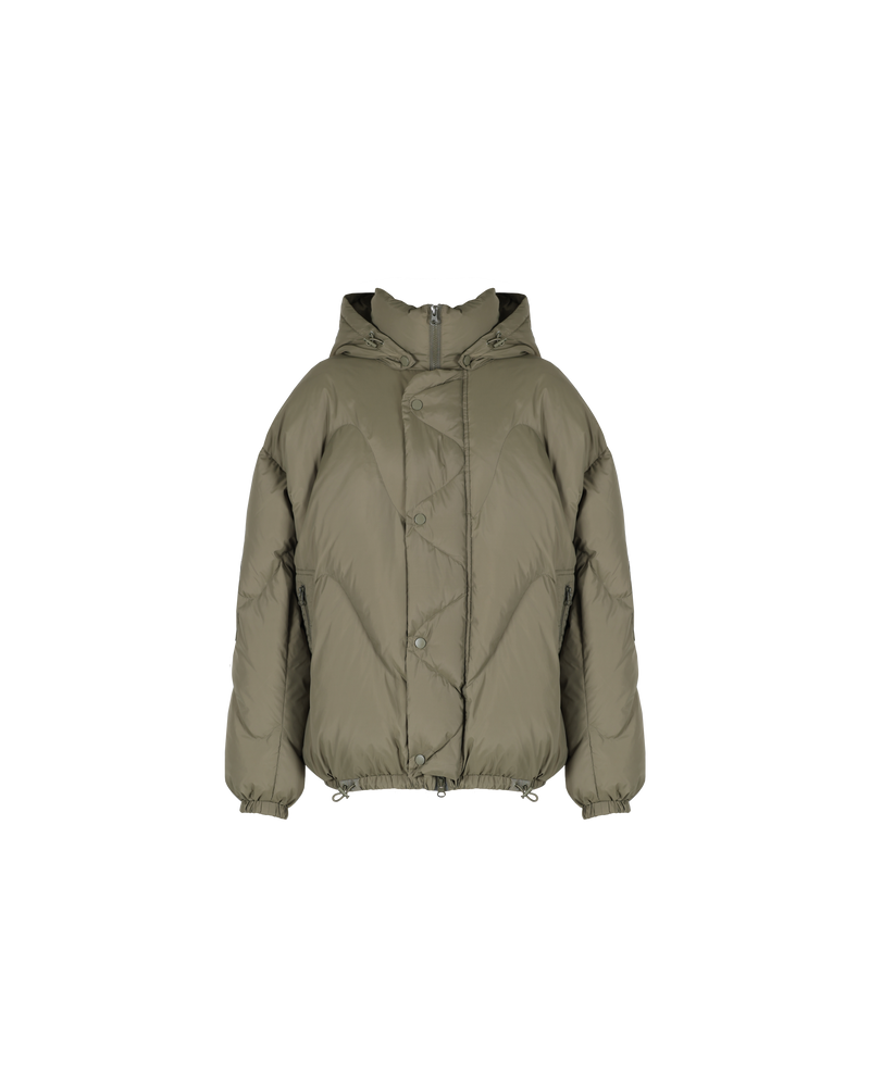 CLOUD PUFFER KHAKI | Quilted puffer jacket with removable hood and a stand up collar, filled with responsibly sourced down for volume and warmth. Designed for a more oversized aesthetic, this piece is bold...