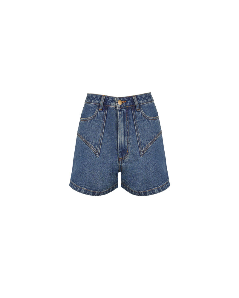 CLOVER DENIM SHORT INDIGO | Classic high waisted denim short with retro four pocket detailing and contrast top stitching. Made in a soft washed indigo denim, these are an essential summer companion for all Rubettes.