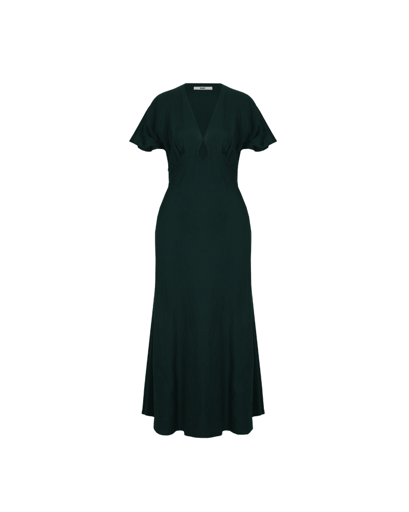 CLOVER MIDI DRESS EMERALD | V-neck midi dress with front keyhole detail, made in a lightweight emerald linen. Fitted around the waist flowing to an A-line skirt, this dress is a timeless piece.