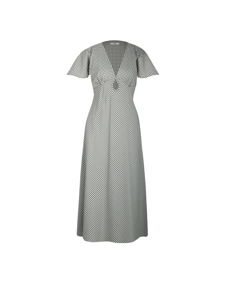 CLOVER MIDI DRESS KHAKI GINGHAM | V-neck midi dress with front keyhole detail, made in a lightweight cotton gingham. Fitted around the waist flowing to an A-line skirt, this dress is a timeless piece.