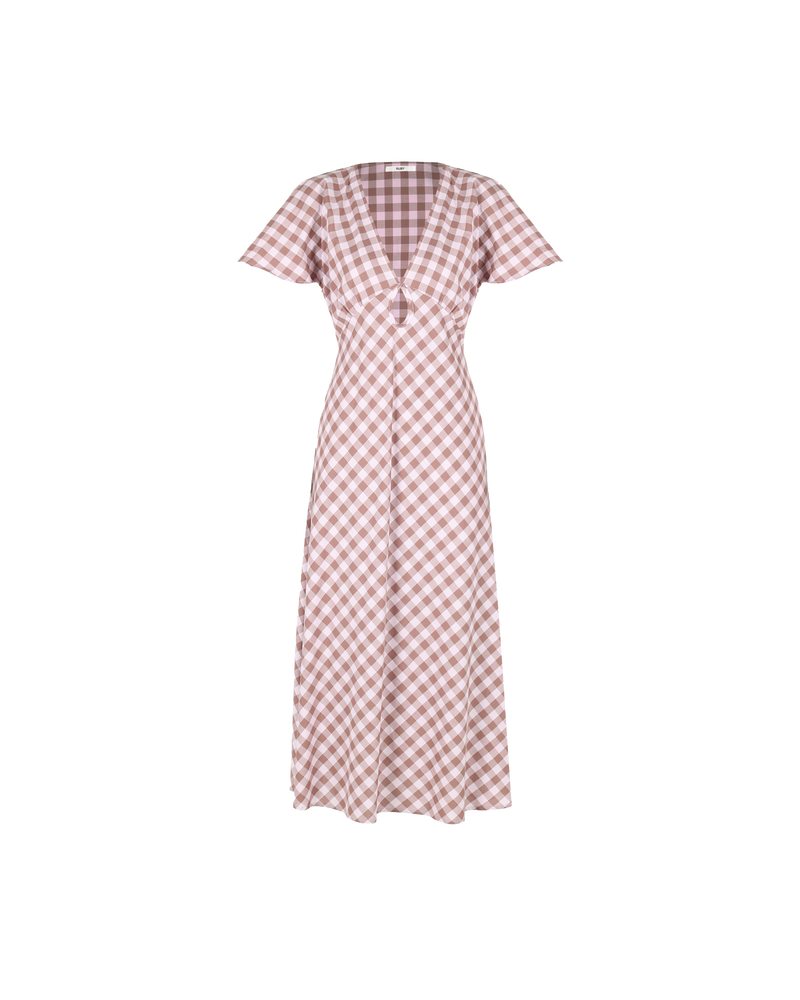 CLOVER MIDI DRESS LILAC GINGHAM | V-neck cotton midi dress with front keyhole detail, made in a lightweight lilac and brown gingham. Fitted around the waist flowing to an A-line skirt, this dress is a timeless...