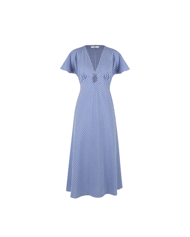 CLOVER MIDI DRESS NAVY GINGHAM | V-neck midi dress with front keyhole detail, made in a lightweight cotton gingham. Fitted around the waist flowing to an A-line skirt, this dress is a timeless piece.