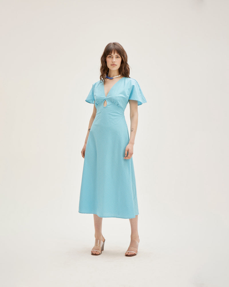 CLOVER MIDI DRESS AQUA GINGHAM | V-neck cotton midi dress with front keyhole detail, made in a lightweight vibrant two-tone aqua gingham. Fitted around the waist flowing to an A-line skirt, this dress is a timeless piece.