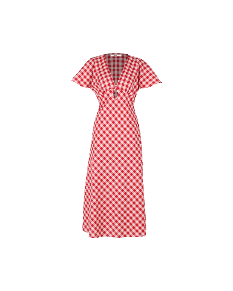 CLOVER MIDI DRESS RED GINGHAM | V-neck midi dress with front keyhole detail, made in a lightweight cotton gingham. Fitted around the waist flowing to an A-line skirt, this dress is a timeless piece.