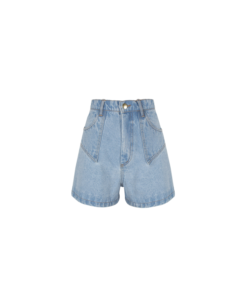 CLOVER DENIM SHORT BLUE | Our classic highwaisted denim short in blue, made in a soft washed denim, ready for easy strides and warm weather. It isn't a Rubette summer without the Clover Denim Short.