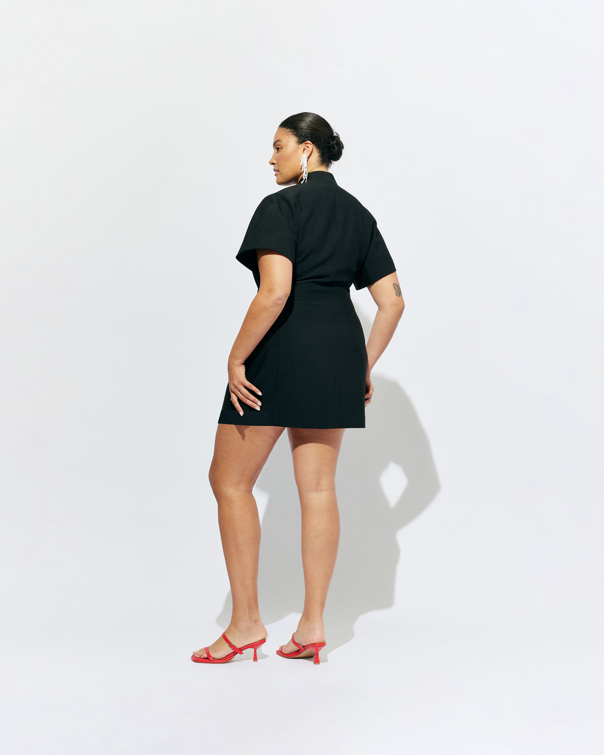 COCO MINI DRESS BLACK | The Coco Blazer now imagined in a mini dress ~ A collarless blazer style mini designed in a mid-weight suiting fabric. Pair with your favourite boots or heels for an effortlessly polished look.