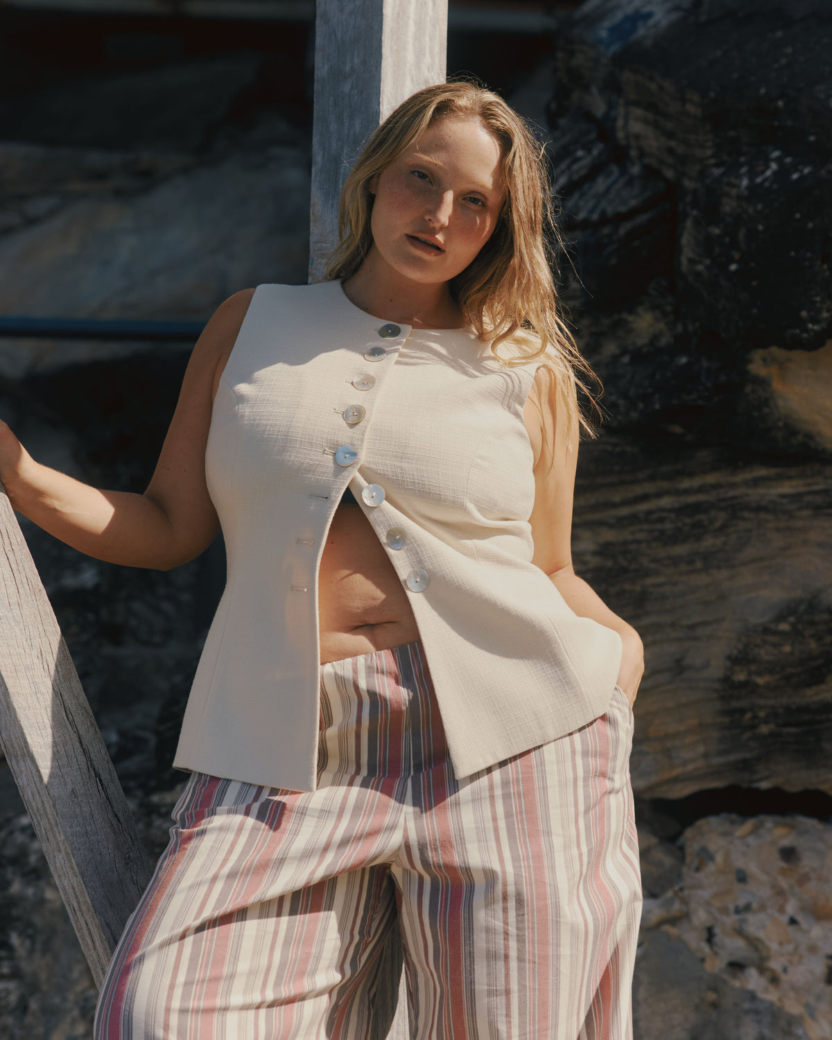 SONNY PANT ANASE STRIPE | Straight leg cotton pant with a flat elastic waistband, designed in our anase striped cotton. These pants sit relaxed and wide and have side and back pockets, with a feature embroidered RUBY 'R' on the back pocket. Make it a...