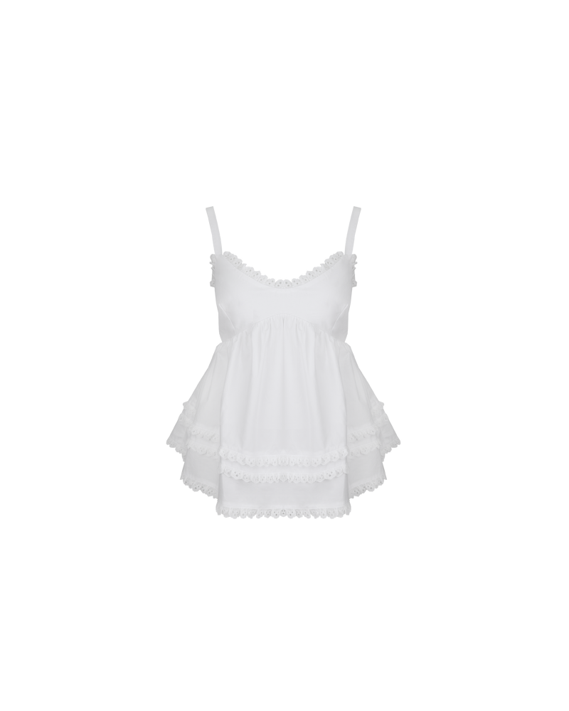 COLETTE CAMISOLE WHITE | Embroidered lace trimmed camisole with a sweetheart neckline and a floaty tiered hem. This top turns to reveal a bow tie at the back which compliments the romantic look.